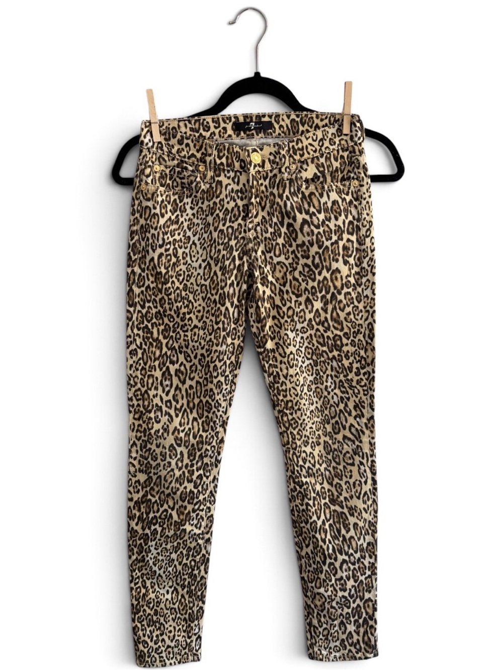 7 For All Mankind Leopard Print Skinny Jeans Gold Zip Ankle Size 23